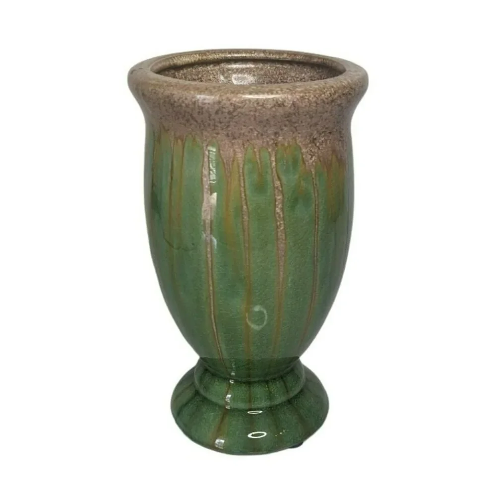 Vintage Mid Century Modern Green Gold Drop Glazed Pottery Vase